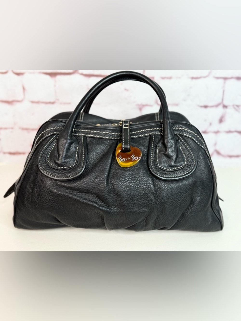BARR + BARR Black Pebbled Leather White Stitching Large Doctor Bag Satchel NWOT